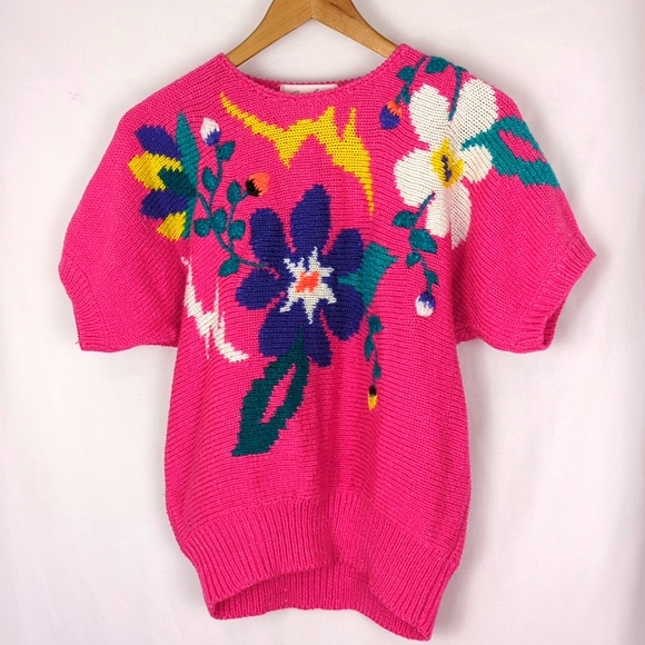 VINTAGE Women's Pink Floral Short Sleeve Knit Sweater - Picture 2 of 5